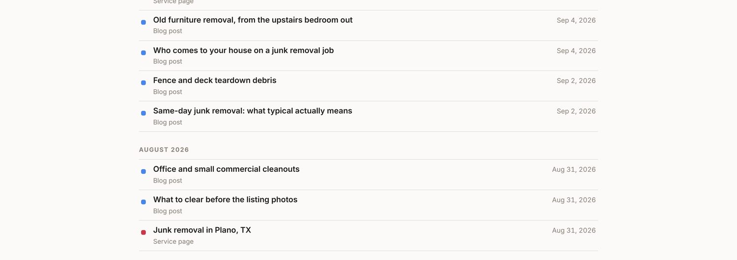 The Hero's Junk Removal dashboard listing published blog posts and service pages by date