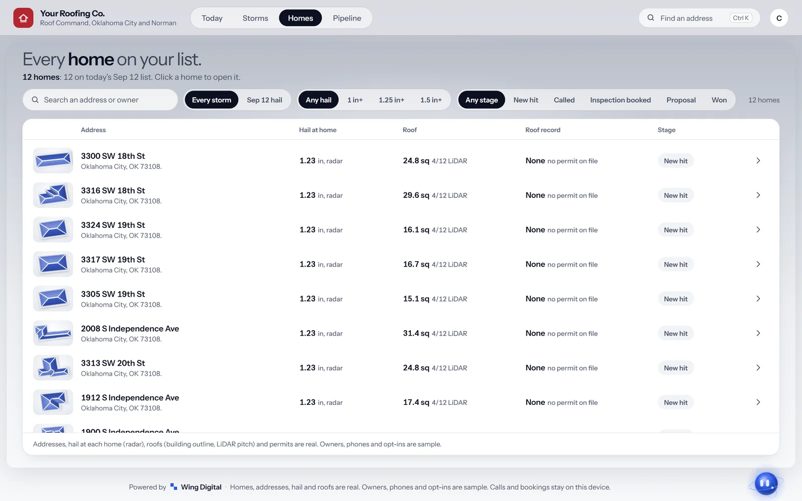 Roof Command Homes screen: storm-hit homes with hail size, roof squares, pitch, permit record and stage