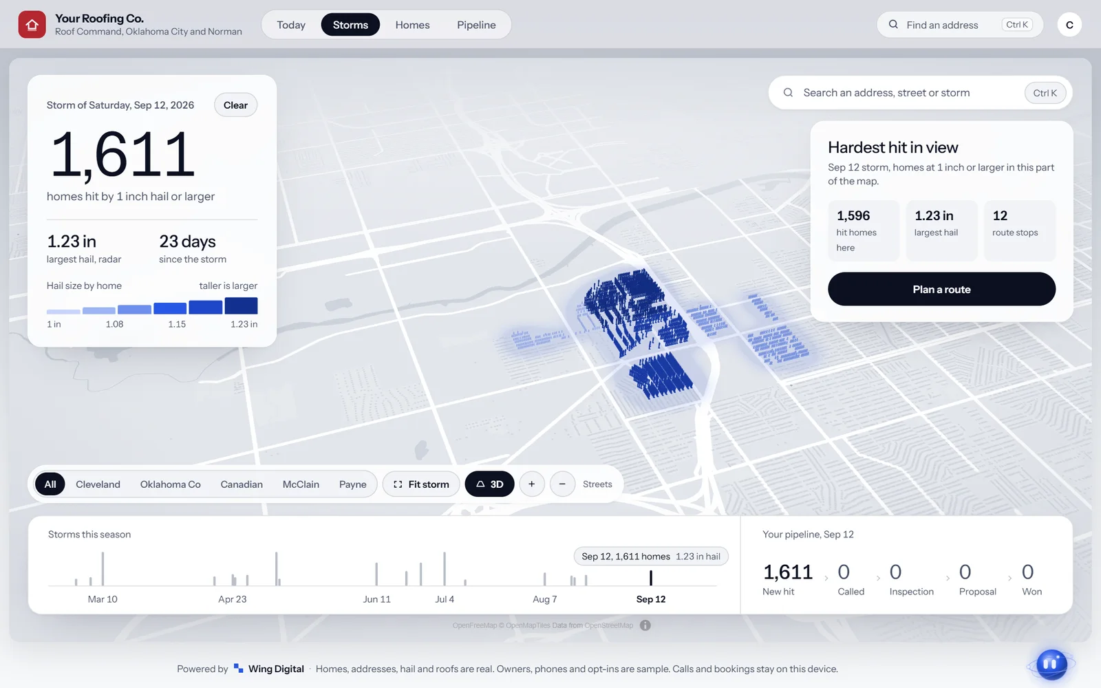 Roof Command Storms screen: 1,611 homes hit by 1 inch hail or larger on September 12, the hardest-hit blocks raised on a 3D map