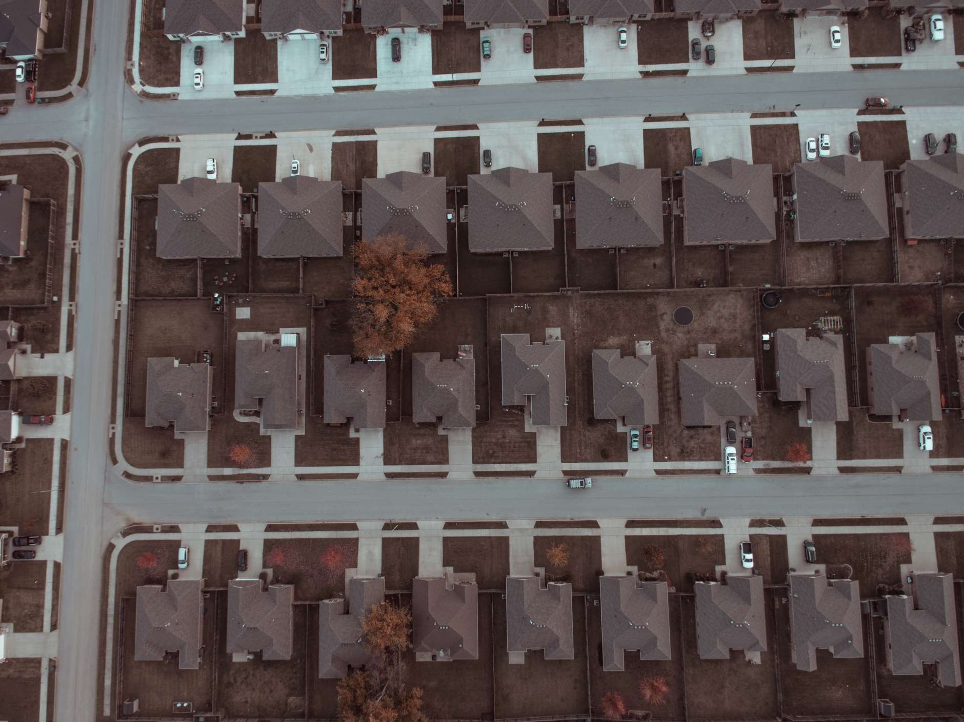 An overhead view of identical suburban roofs laid out in neat rows along straight streets