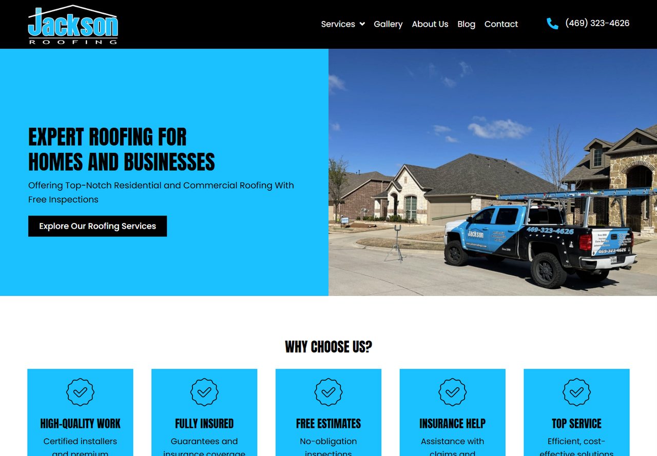 The Jackson Roofing website, showing the homepage and services