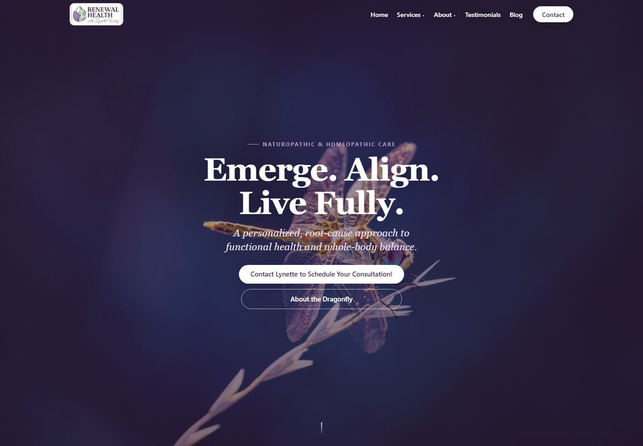 The Renewal Health website, showing the homepage and its dragonfly hero