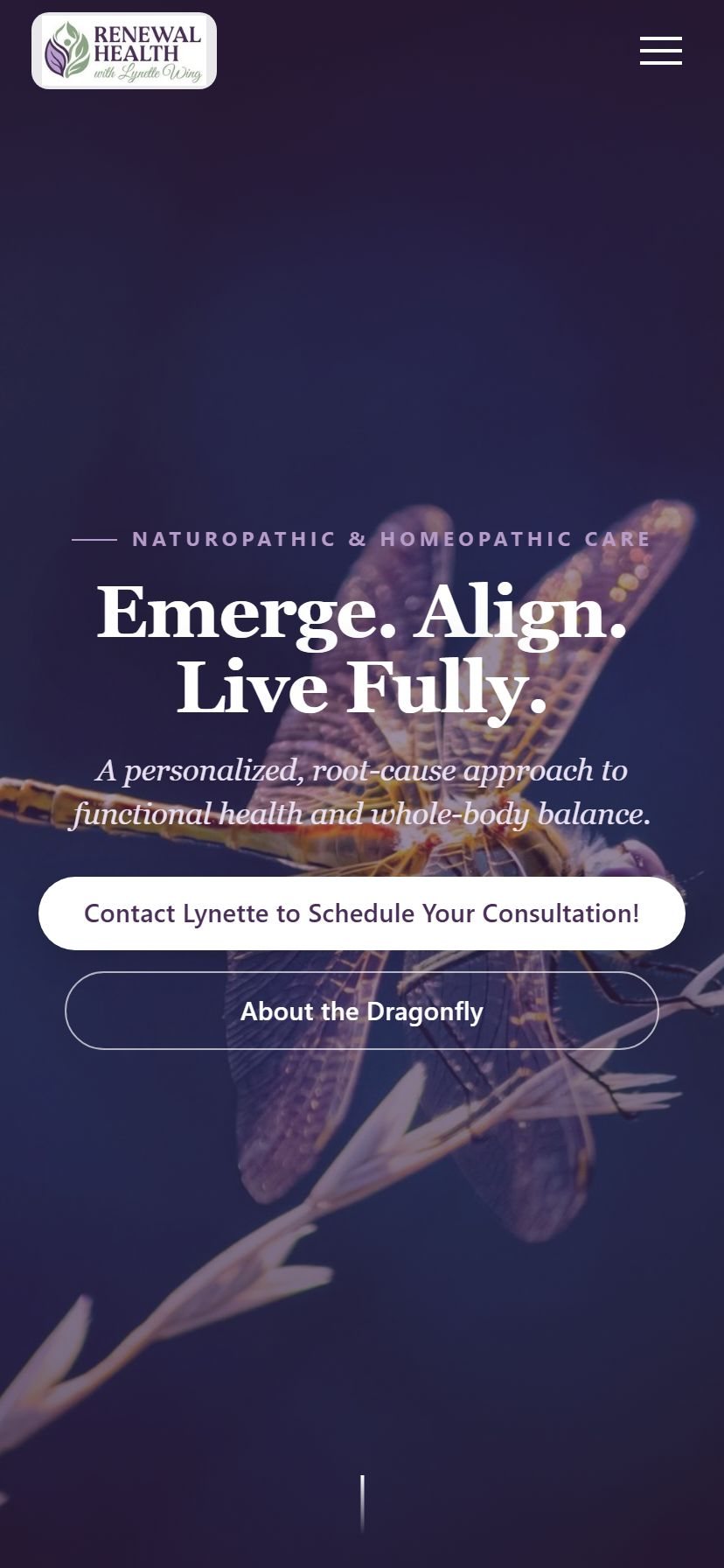 The Renewal Health site on a phone, showing the hero and booking button